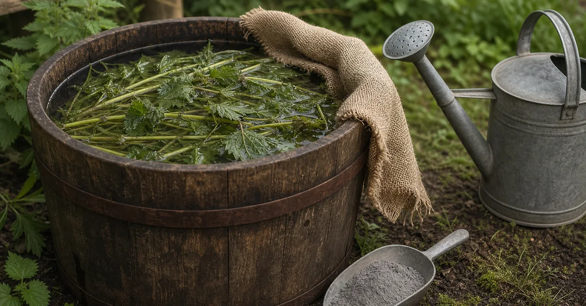 Grüner Kunststoffeimer mit zerkleinerten Brennnesseln in Wasser, daneben eine Handschaufel mit Gesteinsmehl und ein Holzstab zum Umrühren im Garten