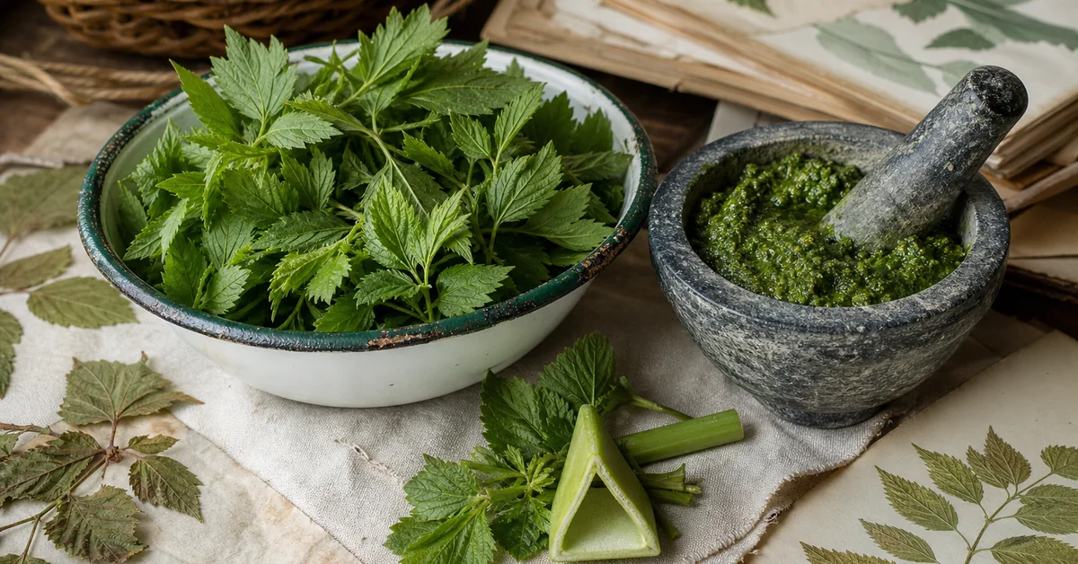 Frisch geschnittene junge Giersch-Blätter in einer Emailleschüssel neben einem Mörser mit grünem Giersch-Pesto und einem dreieckigen hohlen Stängelquerschnitt auf Leinentuch