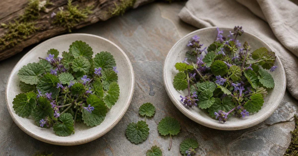 Kriechender Gundermann mit rundlich gekerbten Blättern und violetten Lippenblüten auf einer Waldwiese, daneben eine Hand mit einem kleinen Büschel gepflückter Triebe