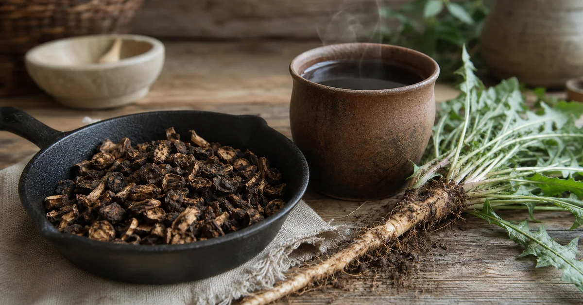 Frisch ausgegrabene, gereinigte Löwenzahnwurzeln neben klein geschnittenen und dunkel gerösteten Wurzelstücken und einer dampfenden Tasse auf Holz