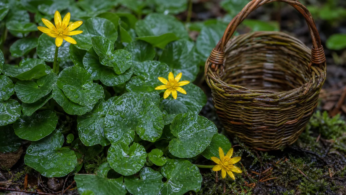 Glänzende, herzförmige Blätter und einzelne leuchtend gelbe Sternblüten des Scharbockskrauts bilden einen dichten Teppich auf feuchtem Waldboden im Frühjahr