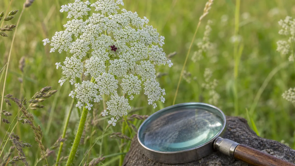Blühende Wilde Möhre mit weißer, doppelt gefiederter Dolde und einer einzelnen dunkelroten Blüte in der Mitte auf einer sonnigen Sommerwiese